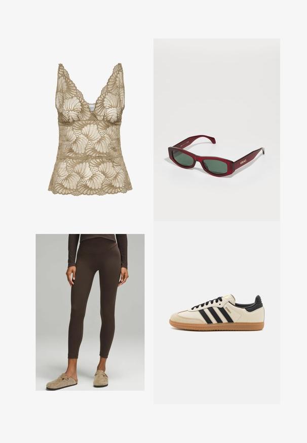 Beige krajková top bez rukávů s výstřihem do V, s dalšími vlnitými okraji a květinovým vzorem. Měkká textura s propracovanými detaily.; Hnědé legíny s vysokým pasem vyrobené z elastického materiálu, přiléhavý design s hladkým povrchem, kombinované s casual béžovými dřeváky.; Beige sportovní obuv s černými pruhy, gumovou podešví a černými akcenty. Disponuje hladkým koženým svrškem a zaobleným tvarem špičky.; Obdélníkové sluneční brýle s hluboce červeným průhledným rámem, tmavozelenými skly a zlatým logem "VERSACE" na nožičce.