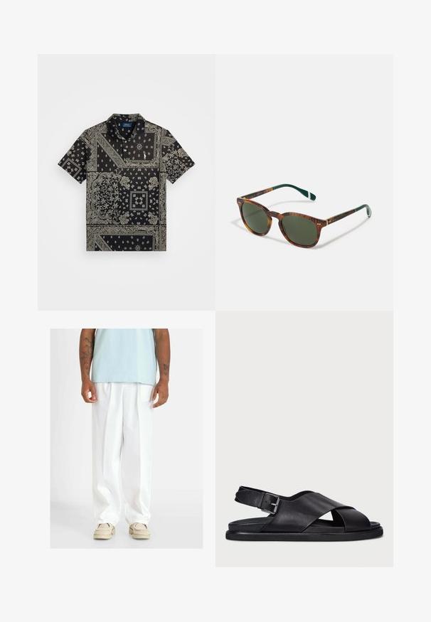 Black short-sleeve shirt featuring a bandana print with white intricate patterns and a small embroidered logo on the chest. Classic collar design.; White wide-leg trousers with a smooth texture, featuring front pleats. Worn with a light blue top and beige shoes.; Polo Ralph Lauren ZANE LEATHER SANDAL - Sandals - black; Tortoiseshell sunglasses with green lenses, rounded shape, gold accents, and dark green arms featuring a white stripe.