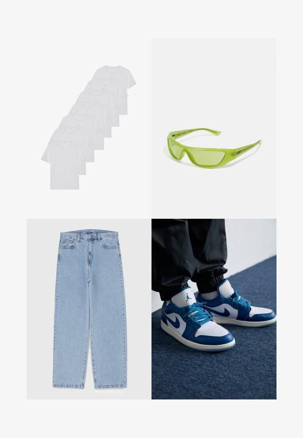 Bijele pamučne majice, kratki rukavi, dizajn s okruglim izrezom, jednostavne teksture, složene u red, s suptilnim brendiranjem na izrezu.; Svijetloplave traperice s ravnim nogavicama, sa srednjim strukom, pet džepova i zatvaranjem na dugme i patentni zatvarač.; Nike Air Jordan tenisice imaju bijelu kožnu osnovu s plavim sintetičkim detaljima, perforiranim prednjim dijelom i plavim vezicama.; Zelene sunčane naočale sa elegantnim, omotanim dizajnom. Izrađene od lagane plastike, s zatamnjenim lećama i suptilnim brendiranjem na tempurama.; Necklace od tri sloja srebrnog metala s elegantnim, fleksibilnim lančićima blagog sjaja, zatvoren s karabinera i prilagodljivim lančićem.