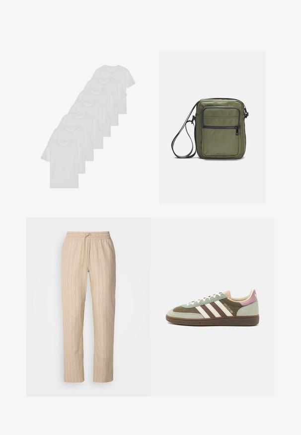 Witte katoenen T-shirts, korte mouwen, ronde halsontwerp, eenvoudige textuur, gestapeld in een rij, met subtiele branding bij de hals.; Beige linnen broek met verticale strepen, voorzien van een elastische tailleband en koord, recht model en een gladde textuur.; Suède en textielsneaker in groen, bruin en beige met drie witte strepen. Bevat een lichtroze accent op de hiel en een gestructureerde outsole.; Olijf groene schoudertas met een gladde textuur, voorzien van een voorvak met rits en een verstelbare band. Gemaakt van duurzaam nylon materiaal.