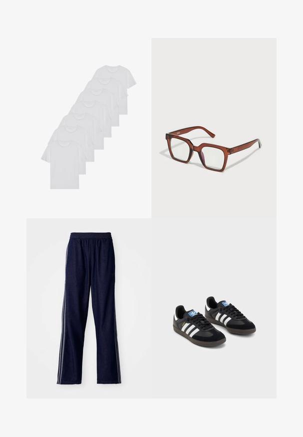 Baltie kokvilnas T-krekli, īsas piedurknes, apaļas izgriezuma dizains, vienkārša tekstūra, sakrauti rindā, ar smalku zīmolu pie kakla izgriezuma.; Jūras zila sporta bikses ar elastīgu jostu, ar trim baltām sānu svītrām un taisnu kāju dizainu. Mīksta džinsu tekstūra.; Melnas sporta apavas ar zamšādas un sintētisku augšdaļu, ar trim baltām svītrām, teksturētu gumijas zoli un zilu logo birku uz mēles.; Brūnas pārāk lielas taisnstūrveida brilles ar caurspīdīgām lēcām un nelielu rozā nokrāsu labajā lēcā. Plastmasas rāmis ar gludu tekstūru.