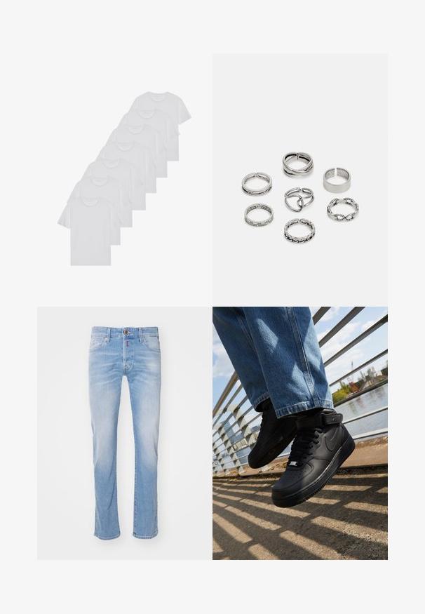 Weiße Baumwoll-T-Shirts, kurze Ärmel, Rundhals-Design, schlichte Textur, in einer Reihe gestapelt, mit dezentem Branding am Hals.; Helle blaue Jeans, gerade Passform, verwaschene Textur, vordere Taschen, einzeln knopfverschluss, roter Akzentstich am Bund.; Schwarze Nike Air Force 1 Sneakers mit Obermaterial aus Leder, Mesh-Zunge und Gummisohle, die ein hoch geschnittenes Design und dicke Schnürsenkel aufweisen.; Set aus sieben silbernen Ringen mit verschiedenen Designs, einschließlich verdrehter, verbundener und gravierter Muster. Unterschiedliche Formen und Breiten.
