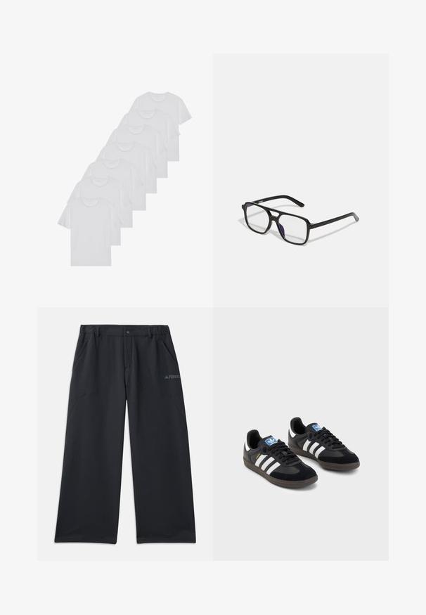 Hvite bomulls T-skjorter, korte ermer, rund hals-design, enkel tekstur, stablet i en rekke, med subtil merking ved halsen.; Svarte utendørsbukser med avslappet passform, med to sidelommer og knappelukking. Laget av slitesterkt, lett materiale.; Svarte sneakers med overdel i semsket lær og syntetisk materiale, med tre hvite striper, strukturert gummisåle og blå logoetikett på tungen.; Sorte rektangulære briller med klare linser og en subtil lilla tone, med slanke stenger og et minimalistisk design.