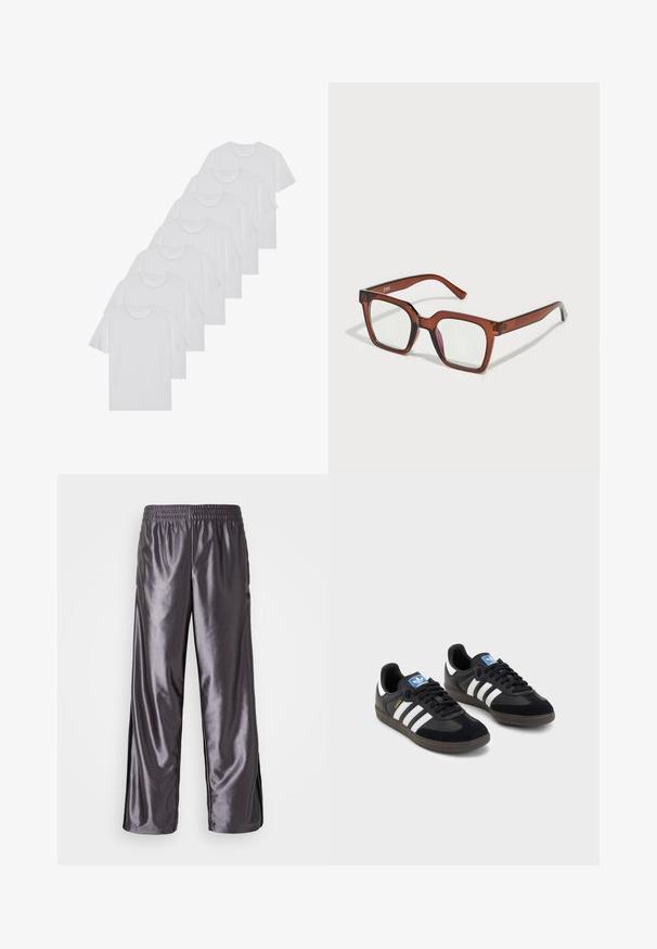 Bijele pamučne majice, kratki rukavi, dizajn s okruglim izrezom, jednostavne teksture, složene u red, s suptilnim brendiranjem na izrezu.; Sive sjajne atletske hlače labavog kroja, s elastičnim pojasom i crnim bočnim detaljima. Tekstura izgleda elegantno i glatko.; Crne tenisice s gornjim dijelom od antilopa i sintetičkog materijala, s tri bijele pruge, teksturiranom gumenom potplatom i plavom oznakom na jeziku.; Smeđe oversized pravokutne naočale s prozirnim lećama i blagim ružičastim tonom na desnoj leći. Plastičan okvir s glatkom teksturom.
