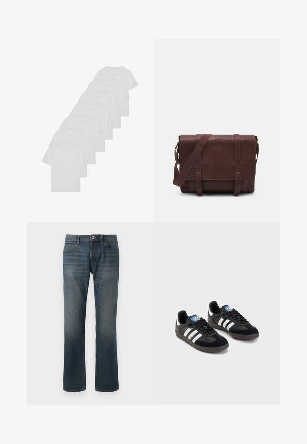 Camisetas de algodón blancas, de manga corta, con diseño de cuello redondo, textura lisa, apiladas en una fila, con un sutil logo en el cuello.; Jeans de mezclilla azul oscuro con un diseño de pierna recta. Las características incluyen cinco bolsillos, costuras de contraste y un cierre frontal con botón y cremallera.; Zapatillas negras con un upper de ante y sintético, con tres rayas blancas, suela de goma texturizada y etiqueta de logo azul en la lengüeta.; Bandolera de cuero marrón con una tapa frontal plana, dos correas, detalles en metal dorado y una correa para el hombro ajustable.