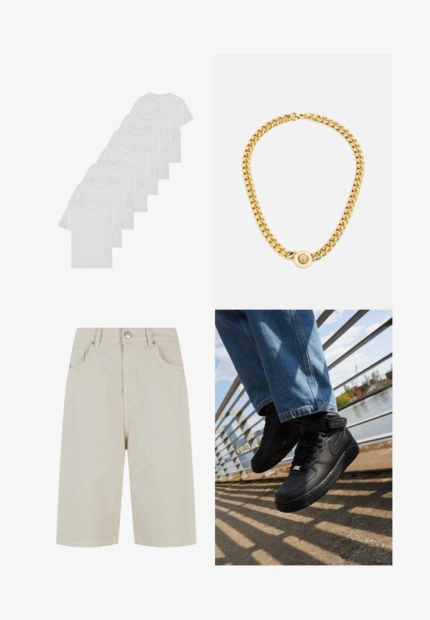 Valge puuvillane T-särk, lühikeste varrukatega, ümar neel, ühtlane tekstuur, reastatud kuhjale, kaeluses peene brändinguga.; Beige denim lühikesed püksid otseküljega, ees nööpkinnitusega ja nelja taskuga. Kangas on sileda tekstuuriga ja minimaalsete õmblustetailidega.; Mustad mustad Nike Air Force 1 sneakerid nahast pealsega, mestist keelaga ja kummist tallaga, millel on kõrge disain ja paksud paelad.; Kuldne kett kaelakee suurte omavahel ühendatud linkidega, mille keskel on ringikujuline ripats, millel on kõrgendatud emblem.