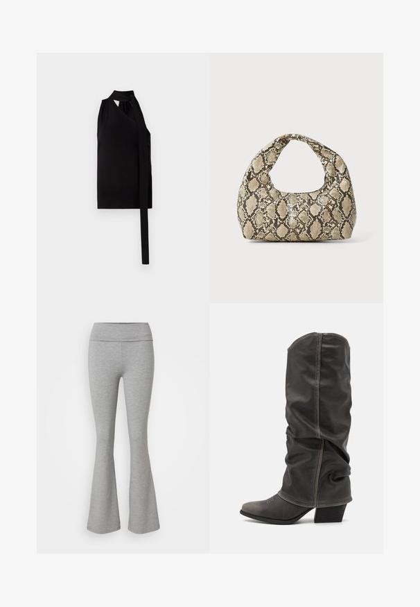 Black sleeveless top with a draped asymmetrical design, tie detail at the side, made from soft fabric, featuring a smooth texture.; Gray flared leggings made from soft cotton blend fabric. Features a wide waistband and smooth texture, providing a relaxed fit.; Gray leather calf-high boots with a slouchy design, pointed toe, and stacked heel. Notable stitching detail on the toe area.; Snake-print handbag with a curved handle. Made from textured, beige and brown materials, featuring a distinctive diamond pattern.