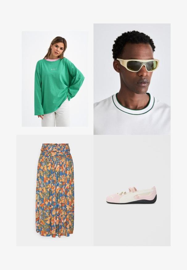 Groen gestreept overhemd met lange mouwen en een losse pasvorm, voorzien van een roze kraag en subtiele logo-detail aan de voorkant. Gemaakt van een katoenmix.; Florale maxi rok met een verzamelde tailleband, met levendige oranjerode, groene en blauwe patronen. Lichtgewicht stof met geplooide textuur.; Roze suede instapper met witte accenten, rubberen zool en elastische bandjes. Kenmerkt zich door een gestructureerd ontwerp en een klein logo aan de voorkant.; Zonnebril met een doorzichtig gele rand en groen getinte lenzen. Hoekig ontwerp met brede pootjes, gedragen met een witte shirt met groene accenten.