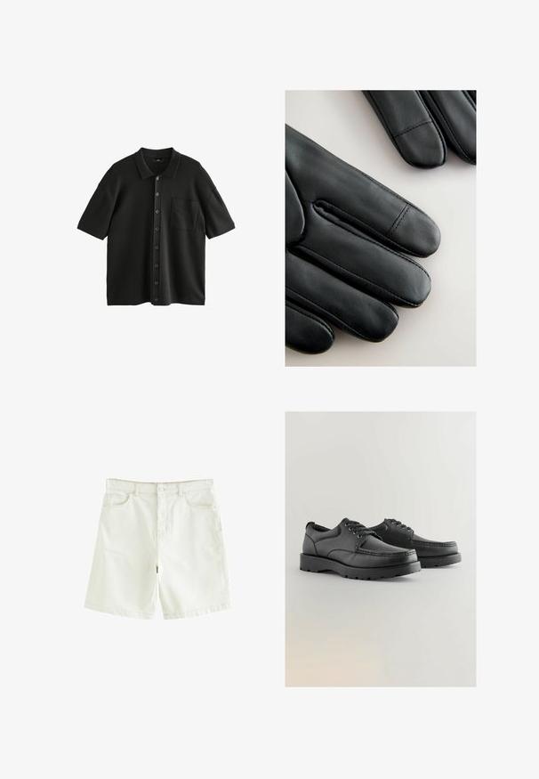 Polo shirt nero a maniche corte realizzato in tessuto testurizzato, con chiusura a bottoni e tasca sul petto. I bottoni sono scuri e lucidi.; Shorts in denim bianco con taglio dritto, dotati di cinque tasche, chiusura frontale con bottone e cuciture a vista. Texture liscia.; Scarpe in pelle nera con tomaia texturizzata, punta tonda, design con lacci e suole spesse in gomma con un motivo di battistrada.; Guanti in pelle nera caratterizzati da una superficie liscia, un design elegante e cuciture in evidenza lungo le dita, con una punta leggermente arrotondata su ciascun dito.