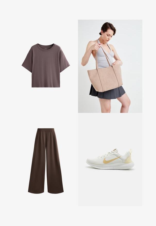Kurzarm-T-Shirt in gedämpftem Mauve, aus weicher Baumwolle, mit Rundhalsausschnitt und lockerer Passform. Einfaches und vielseitiges Design.; Weite Hosen in einem einfarbigen Dunkelbraun, mit einer glatten Textur, hoher Taille und vorderen Falten für zusätzliche Design-Details.; Weißer Sport Schuh mit einem strukturierten Mesh-Obermaterial, goldenen Akzenten und einer flexiblen Sohle. Verfügt über einen Zugtab an der Ferse für einfaches Anziehen.; Beige Faux-Leder Tragetasche mit zwei Trägern, rechteckiger Form und glatter Textur. Die Tasche hat ein einfaches, minimalistisches Design.