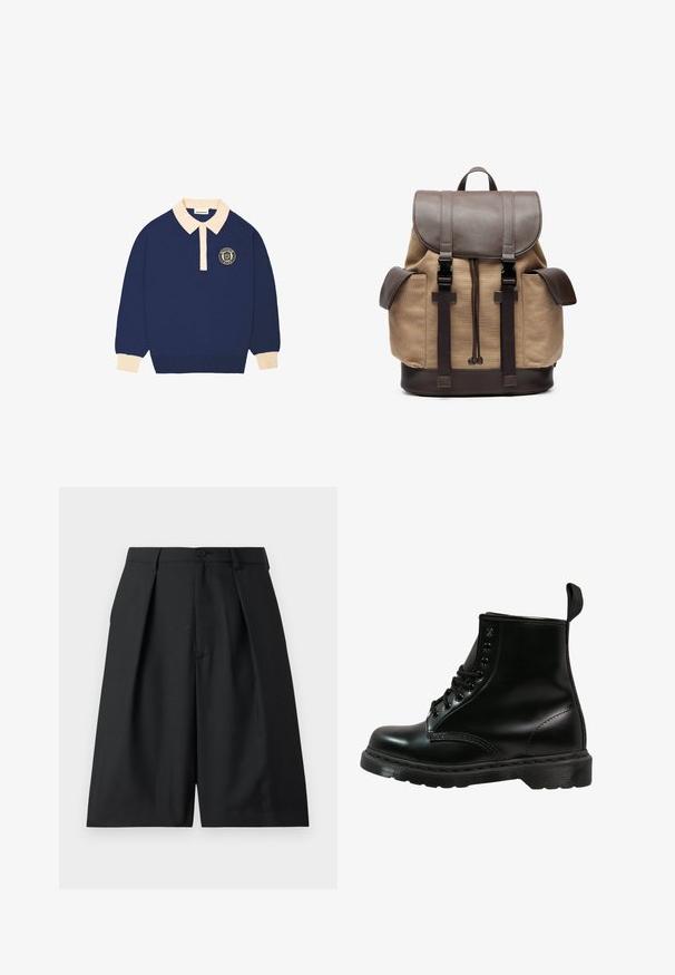 Polo majica dugih rukava tamnoplave boje s bež ovratnikom i manžetama, uz okrugli emblam s natpisom na lijevoj strani prsnog koša.; Versace Jeans Couture TECHNICAL TAILORING - Kratke hlače - black; Crne kožne čizme s zaobljenim vrhom, s vezanjem, šest rupica za vezice i teksturiranim gumennim potplatom. Uključuje trakicu za pomoć pri oblačenju na stražnjoj strani.; Platneni ruksak u boji smeđe bež s naglascima od smeđeg kože. Ima gornji poklopac, podesive naramenice i dva bočna džepa. Pravokutnog je oblika, čvrste izrade.