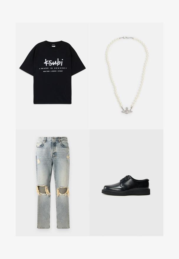 T-shirt de algodão preto com um ajuste descontraído. Apresenta texto gráfico branco "ksubi" e "FEITO NO CÉU" com nomes de cidades abaixo. Design clássico de gola redonda.; Jeans de ganga azul claro com um corte descontraído, apresentando áreas desgastadas e recortes desfiados nos joelhos. Design clássico de cinco bolsos.; Sapatos pretos de couro com atacadores, biqueira arredondada, acabamento liso e sola de borracha preta texturizada. Design minimalista sem padrões visíveis.; Colar de pérolas com fecho em tom de prata. Apresenta pérolas brancas redondas e uma peça central decorativa com strass.