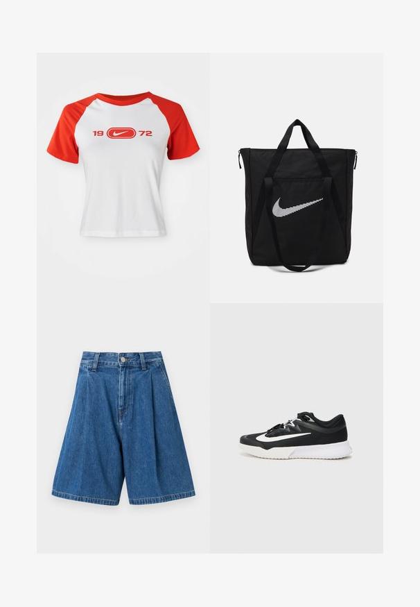 Nike T-paita, jossa on valkoinen runko ja punaiset raglan-hihat. Rintaan on painettu "1972" ja logo punaisena. Valmistettu sileästä jersey-kankaasta.; Siniset farkkibermuda-shortsit, joissa on pleated-etuosa, normaali vyötärö ja nappisuljenta. Tasainen rakenne ja suorakatuiset lahkeet.; Musta urheilujalkine, jossa on valkoisia yksityiskohtia, kuvioitu päällinen, pyöreä kärki, litteät nauhat ja paksu valkoinen kumipohja.; Musta nailoninen kassi, jossa on kaksi tukevua kahvaa ja vetoketjukiinnitys. Erityinen valkoinen Nike-swoosh-logo on esillä vaakasuunnassa raidallisessa muotoilussa.