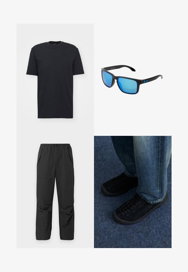 T-shirt nera in cotone a maniche corte con scollatura rotonda, caratterizzata da un sottile dettaglio logo sul petto e una vestibilità rilassata.; Pantaloni neri leggeri con vita elastica, tasche laterali e taglio rilassato. Tessuto liscio, senza pattern o dettagli visibili.; Sneakers in suede nera con superficie testurizzata, lacci sottili e suole in gomma resistenti, abbinate a jeans in denim blu.; Occhiali da sole neri eleganti con lenti a specchio blu, montatura quadrata e dettaglio blu sulla tempia. Realizzati in materiale plastico leggero.