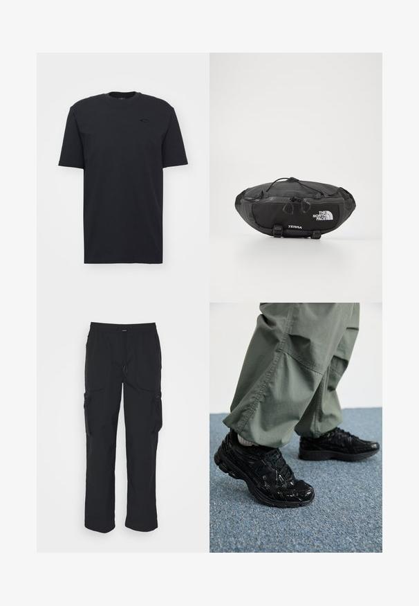 Black cotton short-sleeve t-shirt with crew neckline, featuring a subtle logo accent on the chest and a relaxed fit.; Black cargo pants made from woven fabric. Features adjustable waistband, side pockets, and two utility pockets with zippers.; Black athletic sneakers with glossy and mesh textures, featuring a thick sole and laces, paired with loose olive-green cargo pants.; The North Face TERRA LUMBAR 3L UNISEX - Bum bag - asphalt grey/black