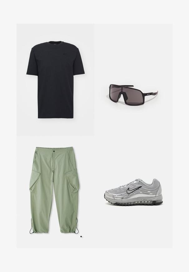 Czarna bawełniana koszulka z krótkim rękawem o okrągłym dekolcie, z subtelnym akcentem logo na klatce piersiowej i luźnym krojem.; Jasnozielone spodnie cargo z elastycznym pasem, wieloma bocznymi kieszeniami i sznurkami u kostek. Wykonane z trwałego, teksturowanego materiału.; Szare sneakersy Nike Air Max z siateczkowym i syntetycznym wierzchem, falistym wzorem, czarnymi akcentami oraz widoczną jednostką poduszkową powietrza.; Czarne prostokątne okulary przeciwsłoneczne z ciemnymi soczewkami, szeroką oprawką i smukłymi czarnymi ramionami. Posiadają logo na zausznikach. Gładka tekstura.