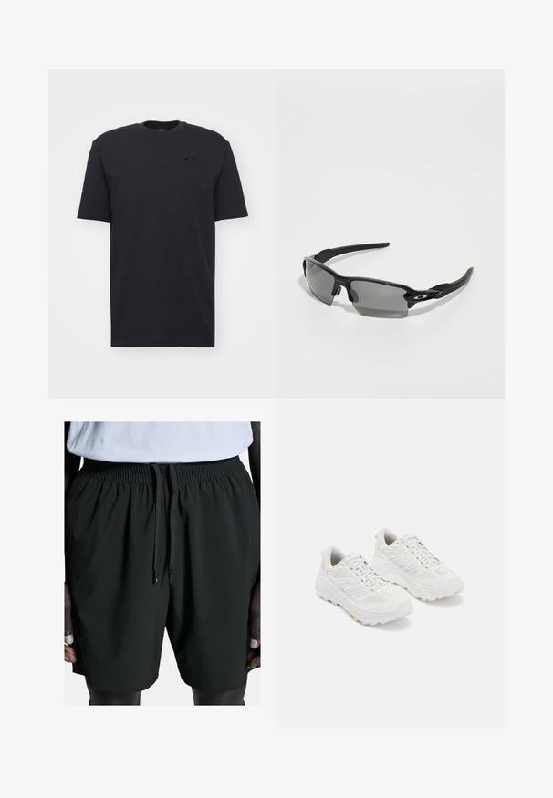 Čierne bavlnené tričko s krátkym rukávom a okrúhlym výstrihom, s nenápadným logom na hrudi a voľným strihom.; Čierne atletické šortky s elastickým pásom a šnúrkou na stiahnutie. Majú hladký povrch a bočné vrecká, navrhnuté pre pohodlie a pohyblivosť.; Biele atletické topánky s priedušným zvrškom, zosilnenou špičkou, hrubou polstrovanou podrážkou a textúrovaným vzorom pre lepšiu priľnavosť.; Čierne športové slnečné okuliare so šedými šošovkami, zakriveným rámom a logom na boku. Vyrobené z ľahkého plastového materiálu.