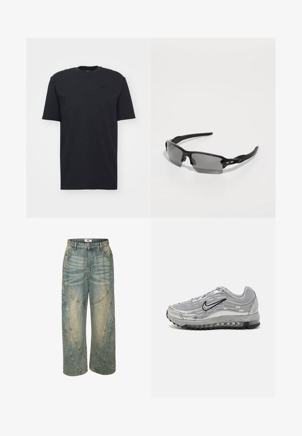 Tricou scurt din bumbac negru, cu manșon scurt și guler rotund, prezentând un accent discret al logo-ului pe piept și o croială lejeră.; Jeans largi de culoare albastru deschis cu talie înaltă, având detalii de cusut curbat și tivuri finisate. Realizați din denimul cu pete decolorate.; Adidași gri Nike Air Max, cu un superior din plasă și material sintetic, design în valuri, accente negre și o unitate de amortizare vizibilă.; Ochelari de soare sport negri cu lentile gri, design cu ramă curbată și detalii cu logo pe lateral. Fabricat din material plastic ușor.