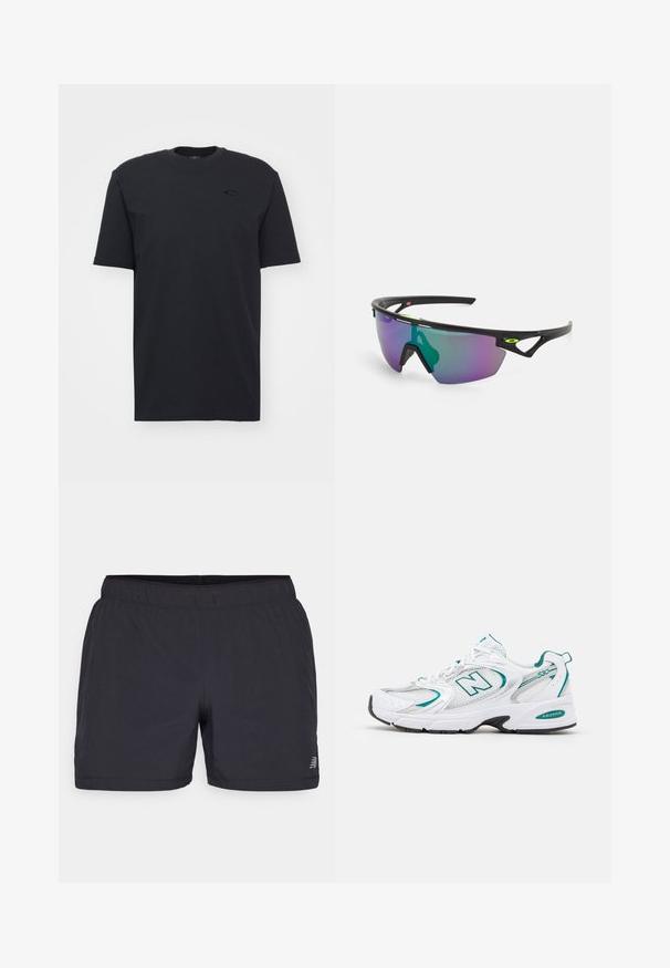 Mustaselkäinen puuvillainen t-paita, jossa on lyhyet hihat ja pyöreä pääntie. Paitassa on hillitty logo-aksentti rinnassa ja se on rento malli.; Mustat urheilushortsit, joissa on kuminauha vyötäröllä, kevyttä kangasta ja huomaamaton logo vasemmassa alareunassa. Sileä rakenne.; Valkoinen urheilukenkä, jossa on verkkosäikeitä ja synteettisiä paneleita, turkooseja yksityiskohtia, pyöreä kärki, nauhallinen etuosa ja musta kumipohja.; Urheilulasit mustalla kehyksellä, suuret liukuväriset linssit, joissa on purppuran- ja vihreänsävyjä, sekä kulmikkaat muotoilun yksityiskohdat, joissa on logotieto.