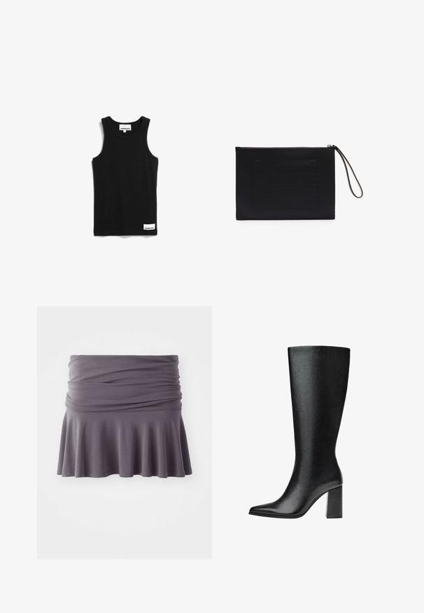 Zwart katoenen tanktop met een ronde halslijn, dikke schouderbanden en een klein wit merklabel nabij de zoom. Klassieke pasvorm, minimalistisch ontwerp.; Grijze, knielange rok gemaakt van zachte stof met een geplooide taille en uitlopende zoom. Heeft een gladde textuur en een eenvoudig ontwerp.; Zwarte laars tot de knie van faux leer met een spitse neus, een gladde textuur en een chunky blokhak. Minimalistisch ontwerp zonder zichtbare accenten.; Zwarte clutch gemaakt van textuurstof met een rechthoekige vorm, voorzien van een ritssluiting en een polsband. Inclusief een voorvak.