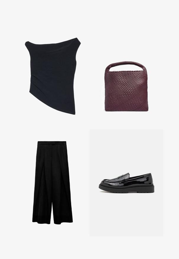 Sort, off-shoulder top med en tætsiddende design, asymmetrisk kant og blød, glat tekstur. Den har samlet stof ved halsudskæringen.; Sorte bukser med brede ben og høj talje, der har frontfolder, en glat tekstur og en tætsiddende talje. Ingen synlige lommer.; Sorte patenterede læderloafers med en rund tå, et dekorativt bånd og en tyk sort gummisål. Glat, blank overflade med minimal syning.; Vævet læderhåndtaske i dyb burgunder, firkantet form med et afrundet håndtag og struktureret overflademønster. Minimalistisk design.