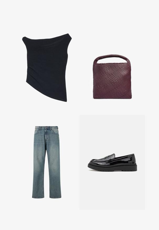 Musta, olkapäiltä paljastava paita, jossa on tiukka muotoilu, epäsymmetrinen helma ja pehmeä, sileä tekstuuri. Siinä on kerrostettua kangasta kauluksessa.; Vaaleansiniset farkut suoran leikkauksen, viiden taskun muotoilun, kontrastivärisen ompelun ja klassisen vyötärön kanssa, jossa on nappisulku.; Mustat kiiltonahka loaferit, joissa on pyöristetty kärki, koristeellinen hihna ja paksu musta kumipohja. Sujuva kiiltävä pinta, jossa on minimaalista tikkausta.; Vytkávaná kožená kabelka v tmavě burgundské barvě, čtvercového tvaru s kulatou rukojetí a texturovaným vzorem. Minimalistický design.