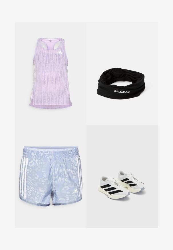 Lilla idrettstopp med mønstrete, teksturert stoff. Har utskårne sider og en liten hvit logo foran.; Lyseblå løpetights med en subtil leopardmønster, elastisk midje og tre hvite striper på hver side.; Hvite sportsko med svarte striper og merkevare, med mesh-overdel, rund tå og tykk kremfarget såle for demping.; Svart stretch-hodebånd laget av et glatt stoff, med en hvit "SALOMON"-logo på den ene siden og et tubulært design for allsidig bruk.