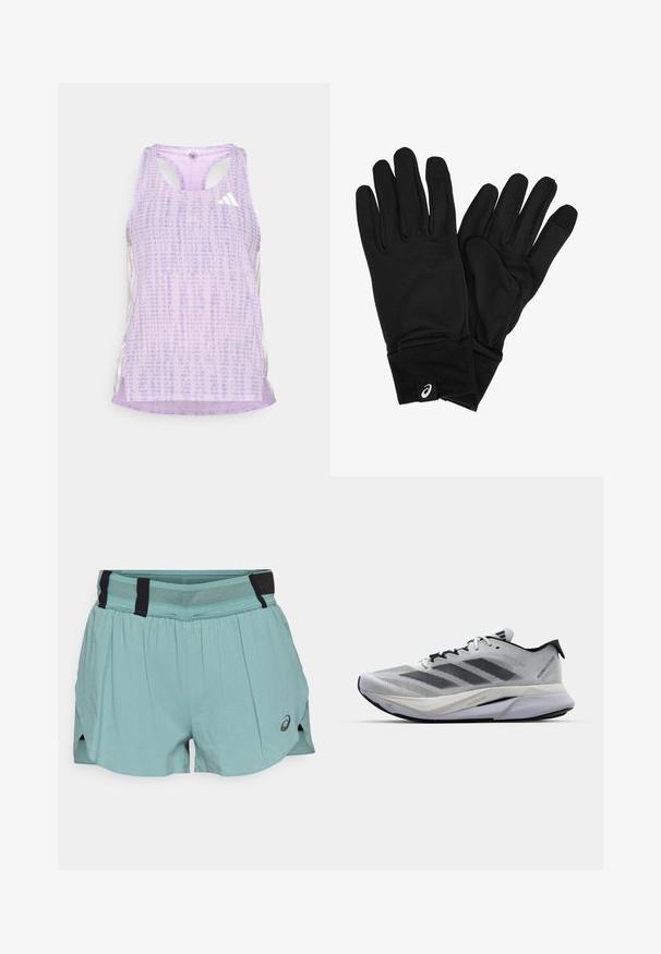 Purple athletic tank top with a patterned, textured fabric. Features cutout sides and a small white logo on the front.; ASICS METARUN SPLIT SHORT - Sports shorts - celadon; Running shoes in white and grey with a textured mesh upper, featuring three black stripes, a lightweight design, and a cushioned sole.; Black gloves made of a soft, stretch fabric with a snug fit. Includes a thick cuff and a small logo tag on the wrist area.