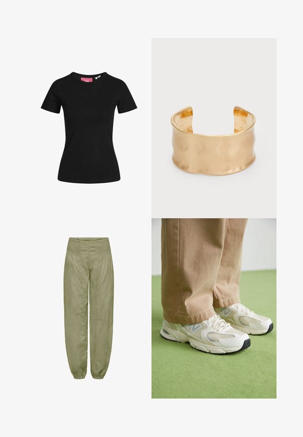 T-shirt noir à manches courtes en coton. Design classique avec un col rond, texture lisse et silhouette ajustée.; Pantalons loose-fit en vert olive clair, avec une taille smockée et des poignets élastiques ; fabriqués dans un tissu doux et texturé.; Baskets en maille beige et synthétique avec une semelle blanche, dotées de lacets et d'un détail de logo gris, sur fond vert.; Bracelet à manche doré avec une surface lisse et ondulée, présentant un intérieur texturé et un design ouvert, créant une forme organique.