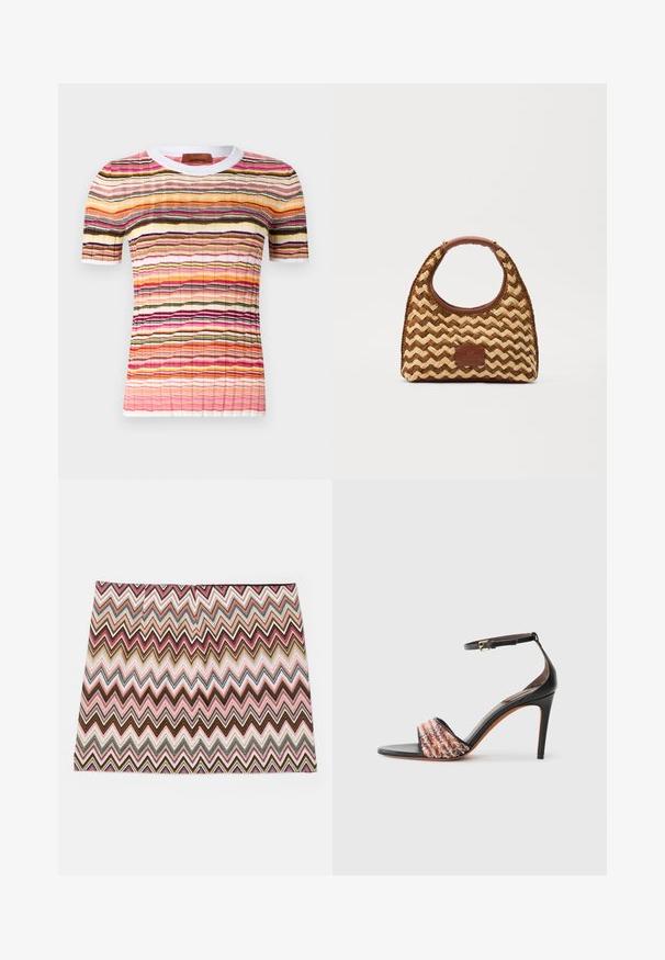 Maglietta a maniche corte multicolore in maglia con un motivo a strisce ondulate nei toni di rosa, arancio, nero e giallo. Presenta un colletto a costine bianco.; Gonna a righe multicolori con motivo a zigzag in tonalità di rosa, marrone e crema, con orlo dritto e una texture liscia.; Sandalo nero con tacco e cinturino alla caviglia. Presenta una fascia in tessuto multicolore e testurizzato sulla punta. Finitura in pelle liscia.; Borsa in paglia intrecciata con motivo a zigzag, manico e base in pelle marrone, e una patch rettangolare con logo sulla parte frontale.