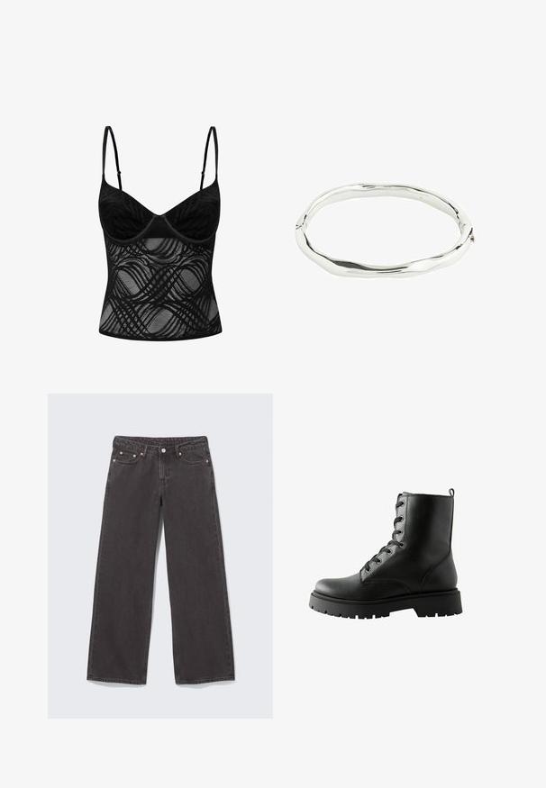 Bralette en dentelle noire avec bonnets à armatures, bretelles réglables et un corps transparent agrémenté de détails en motif ondulé.; Jean en denim noir à jambes larges avec rivets en cuivre, cinq poches et fermeture par boutons. Texture douce et robuste, coupe droite de la taille à l'ourlet.; Bottine en cuir noir avec une finition texturée, six œillets en métal et un laçage. Semelle en caoutchouc épaisse avec un léger motif de bande de roulement.; Bracelet en métal argenté avec un design ondulé et irrégulier. Surface lisse avec une finition polie, reflétant la lumière. Forme circulaire sans accents visibles.