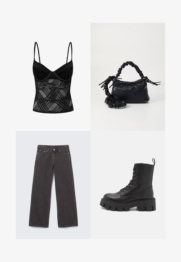 Bralette in pizzo nero con coppe con stecche, spalline regolabili e corpo trasparente con dettagli a motivo ondulato.; Jeans neri in denim a gamba larga con rivetti di rame, cinque tasche e chiusura con bottone. Tessuto morbido e resistente, con taglio dritto dalla vita all'orlo.; Stivale alla caviglia in pelle nera con lacci sul davanti, suola piatta spessa e linguetta per la presa; texture liscia e marchio discreto sul tallone.; Borsa a tracolla in ecopelle nera con texture a coccodrillo, apertura cinchata e tracolla arricciata. Si presenta con un design morbido e compatto.