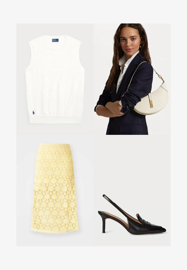 Weißer ärmelloser Pullover aus glattem Baumwollmaterial, mit einem gerippten Saum und einem kleinen marineblauen Logo unten links. Einfaches Design, keine Muster.; Gelber gehäkelter Miditrock mit sternförmigen Blumenmustern, ausgestattet mit einem gewellten Saum und einer strukturierten Oberfläche. Elastischer Bund für eine gute Passform.; Schwarze Leder Slingback-Pumps mit spitzer Zehenform, niedrigem Absatz und dekorativem Riemen über dem Spann. Glatte Textur und minimalistisches Design.; Weißes Lederhandtasche mit geschwungener Form, goldenen Beschlägen und strukturiertem Finish, getragen über einem dunklen Blazer und einem weißen Hemd.