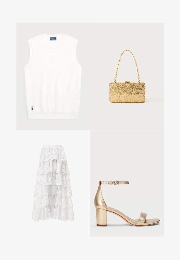 Weißer ärmelloser Pullover aus glattem Baumwollmaterial, mit einem gerippten Saum und einem kleinen marineblauen Logo unten links. Einfaches Design, keine Muster.; Weißer Spitzrock mit einer gestuften Gestaltung und gewellten Kanten. Das Material hat ein florales Muster und eine Struktur, die ein geschichtetes Aussehen erzeugt.; Lauren Ralph Lauren LOGAN METALLIC NAPPA LEATHER SANDAL - Riemensandalette - platinum; Goldene Pailletten-Clutch mit rechteckiger Form, ausgestattet mit einem gedrehten Kettenhenkel und einem Metallverschluss, der das Licht mit einer strukturierten Oberfläche reflektiert.