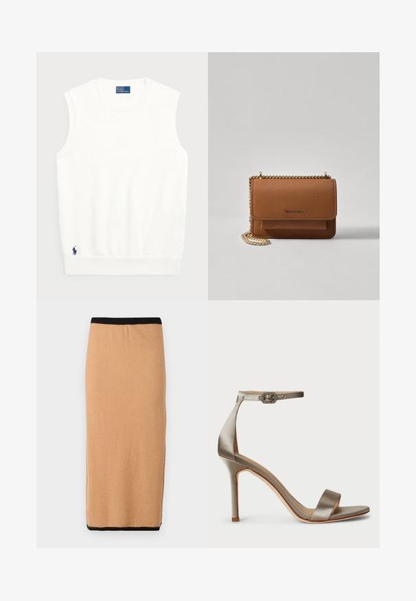 Sweater branco sem mangas, feito de algodão liso, com uma bainha canelada e um pequeno logotipo em navy na parte inferior esquerda. Design simples, sem padrões.; Saia de malha color camel até ao joelho, com uma cintura elástica preta e uma textura suave. Design simples, sem padrões ou detalhes visíveis.; Sandal com salto alto em cetim prateado, com uma faixa no tornozelo e um fivela decorativa. Ponta aberta e design elegante e esguio.; Bolsa crossbody de couro texturizado castanho com alça de corrente dourada e fecho com aba. A parte da frente apresenta detalhe do logótipo e um bolso sob a aba.
