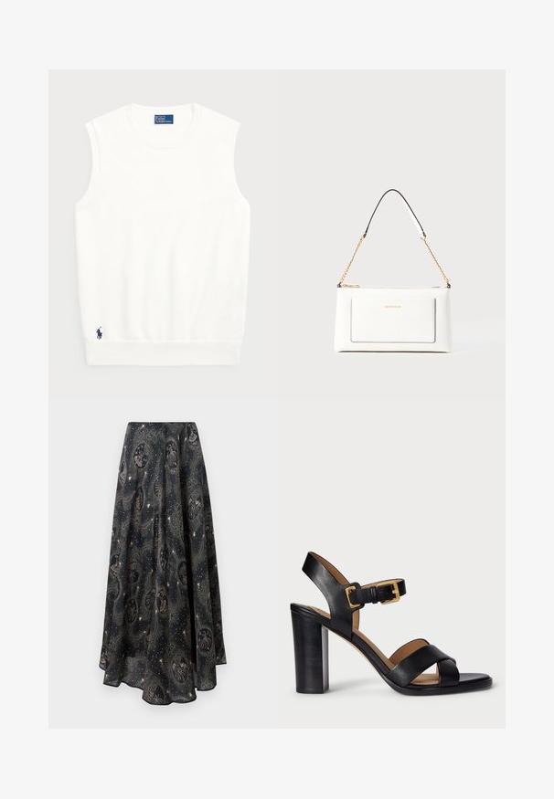 White sleeveless sweater made of smooth cotton, featuring a ribbed hem and a small navy logo on the bottom left. Simple design, no patterns.; Paul & Joe JUPE - Maxi skirt - marine; Black leather heeled sandals with a cross-over strap design and a buckle closure. Features a chunky heel and smooth texture.; White leather handbag with a textured finish, featuring a gold chain strap and black accents. Includes a front pocket and zipper closure.