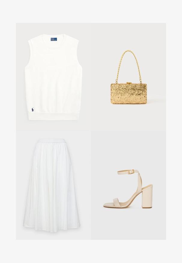 Maglione bianco senza maniche realizzato in cotone liscio, con orlo a coste e un piccolo logo blu navy in basso a sinistra. Design semplice, senza motivi.; Gonna bianca di lunghezza ginocchio realizzata in tessuto leggero. Presenta una vita elastica e pieghe morbide e fluide per un facile movimento.; Sandal con tacco alto beige con punta quadrata, sottile cinturino alla caviglia e tacco a blocco. Texture di pelle liscia con dettaglio della fibbia dorata.; Clutch oro in paillettes con forma rettangolare, dotata di una maniglia in catena attorcigliata e una chiusura a scatto in metallo, che riflette la luce con una finitura testurizzata.