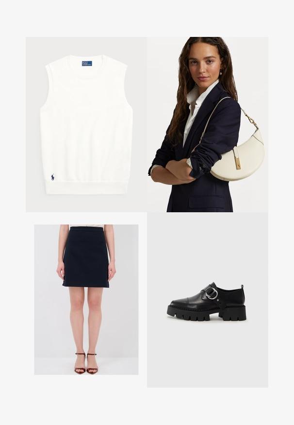 Witte mouwloze sweater van glad katoen, met een geribde onderrand en een klein marineblauwe logo op de linkeronderzijde. Eenvoudig ontwerp, geen patronen.; Navyblauwe knie-lange rok met een aansluitende taille, een gladde stof en discrete zijzakken. Gecombineerd met bruine sandaaltjes met hakken.; Zwarte leren schoenen met een robuuste, geribbelde zool, voorzien van een ronde zilveren hardwareaccent en minimale stikdetails.; Witte leren handtas met een ronde vorm, gouden details en een gestructureerde afwerking, gedragen over een donkere blazer en een wit shirt.