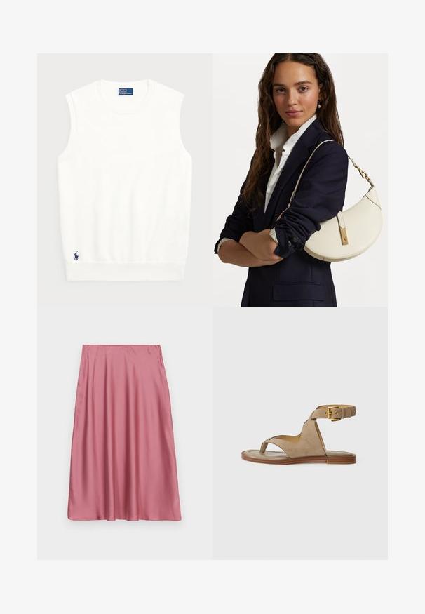 Sweater branco sem mangas, feito de algodão liso, com uma bainha canelada e um pequeno logotipo em navy na parte inferior esquerda. Design simples, sem padrões.; Saia de cetim rosa com uma textura suave, apresentando um design evasê e um corte a meio comprimento, ideal para sobreposições ou uso individual.; Sandália de camurça bege com laço para os dedos, laterais abertas e uma ampla tira no tornozelo com fivela dourada. Sola plana castanha com um leve destaque.; Bolsa de mão de couro branco com forma curva, material dourado e acabamento texturizado, usada sobre um blazer escuro e uma camisa branca.