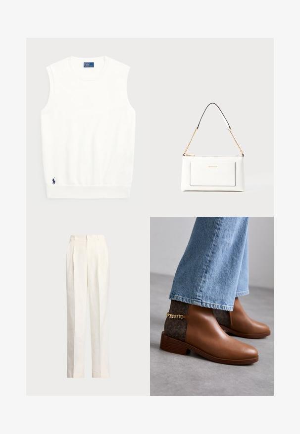 Pull sans manches blanc en coton lisse, avec un ourlet côtelé et un petit logo bleu marine en bas à gauche. Design simple, sans motifs.; Polo Ralph Lauren HEMP WIDE LEG PANT - Pantalon classique - nevis; Bottines en cuir marron avec une finition lisse, présentant un panneau latéral à motifs marron foncé et un accent de chaîne dorée sur le talon.; Sac à main en cuir blanc avec un fini texturé, doté d'une bandoulière en chaîne dorée et d'accents noirs. Comprend une poche avant et une fermeture éclair.