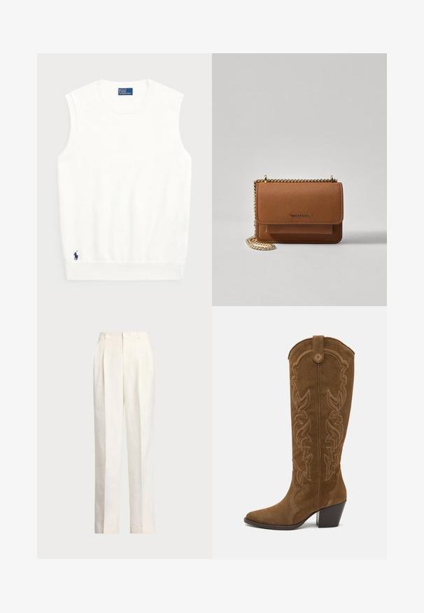 Valge ilma varrukateta kootud sviiter, mis on valmistatud siledast puuvillast, ribitud äärtega ja väikese tumesinise logoga alumises vasakus nurgas. Lihtne disain, ilma mustriteta.; Polo Ralph Lauren HEMP WIDE LEG PANT - Püksid - nevis; Pruunist nubukist põlvini ulatuv saabas, millel on terav nina, virnastatud konts ja dekoratiivne lääne stiilis tikand varre ääres.; Pruun tekstureeritud nahk ristkeha kott kuldse ahelaga rihmaga ja klapiga sulgemine. Esiküljel on logo detail ja tasku klapi all.