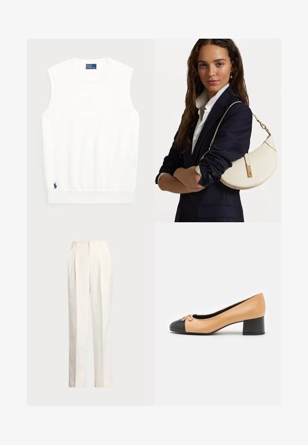 Bela brezrokavna jopica iz gladkega bombaža, z ribastim robom in majhnim mornarsko modrim logotipom na spodnjem levem delu. Preprost dizajn, brez vzorcev.; Polo Ralph Lauren HEMP WIDE LEG PANT - Hlače - nevis; Beige usnjene čevlje s črnimi okroglimi prsti, majhnim lokom in nizko blokasto peto. Gladka tekstura in klasična silhueta.; Bela usnjena torbica s ukrivljeno obliko, z zlatimi dodatki in teksturirano površino, nošena čez temen blazer in belo srajco.