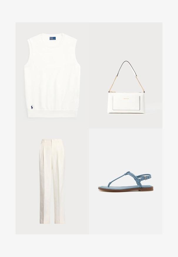 Weißer ärmelloser Pullover aus glattem Baumwollmaterial, mit einem gerippten Saum und einem kleinen marineblauen Logo unten links. Einfaches Design, keine Muster.; Polo Ralph Lauren HEMP WIDE LEG PANT - Stoffhose - nevis; Blaue Leder-Zehensandale mit flacher Sohle, die über ein schlankes Riemendesign und einen Schnallenverschluss am Knöchel für einen sicheren Sitz verfügt.; Weißes Lederhandtasche mit strukturierter Oberfläche, ausgestattet mit einem goldenen Kettenriemen und schwarzen Akzenten. Enthält eine Fronttasche und einen Reißverschluss.