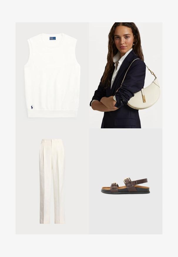 Pulover alb fără mâneci, realizat din bumbac moale, cu un tiv crenelat și un mic logo bleumarin în colțul din stânga jos. Design simplu, fără modele.; Polo Ralph Lauren HEMP WIDE LEG PANT - Pantaloni - nevis; Sandale din piele maro care prezintă două curele ajustabile cu catarame metalice, o talpă interioară căptușită și o talpă flexibilă din cauciuc negru.; Geantă din piele albă cu o formă curbată, dotată cu accente aurii și o finisare texturată, purtată peste un sacou închis la culoare și o cămașă albă.