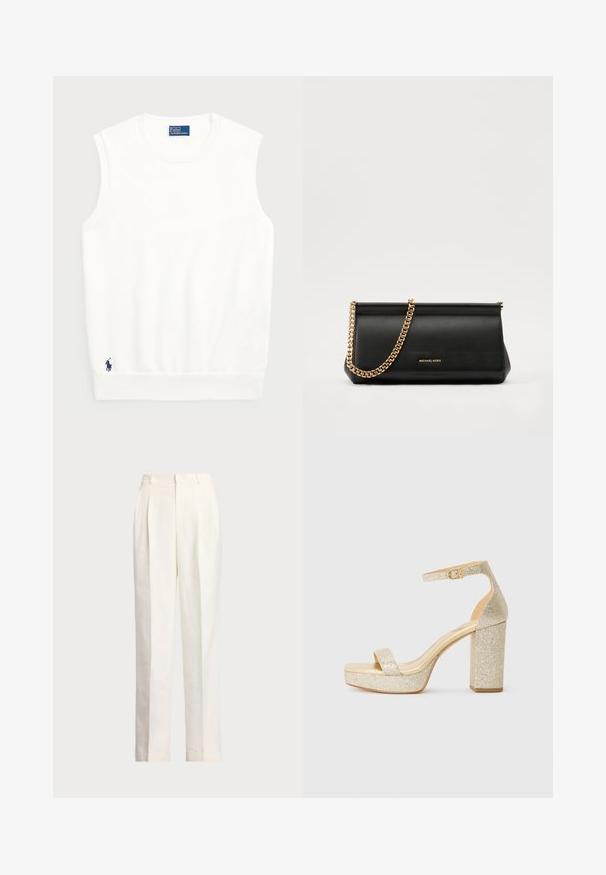 Hvid ærmeløs sweater lavet af glat bomuld, med ribkant forneden og et lille marineblåt logo nederst til venstre. Simpelt design, ingen mønstre.; Polo Ralph Lauren HEMP WIDE LEG PANT - Bukser - nevis; Gyldne glitrende platform højhælede sandaler med ankelstropp og spænde på hvid baggrund.; Sort læder clutch taske med en guldkæde strop, der har en glat tekstur, rektangulær form og præget branding på forsiden.
