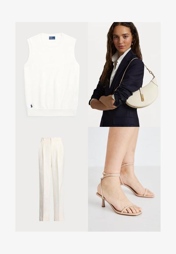 Balta be rankovių liemenė, pagaminta iš lygios medvilnės, su raukštu apvadu ir mažuoju tamsiai mėlynu logotipu apatiniame kairiajame kampe. Paprastas dizainas, be raštų.; Polo Ralph Lauren HEMP WIDE LEG PANT - Kelnės - nevis; Nude spalvoti sandalai su plonais kulkšnies dirželiais, kvadratinio piršto dizainu ir mažais blokiniais kulniukais. Lygus paviršius su minimaliais dekoratyviniais elementais.; Balta odinė rankinė, lenkto dizaino, su auksiniais elementais ir tekstūruota apdaila, dėvima su tamsiu švarku ir baltu marškiniu.