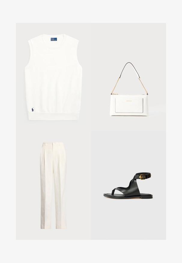 Vit ärmlös sweater gjord av mjuk bomull, med en ribbad nederkant och en liten marinblå logga på nedersta vänstra delen. Enkelt design, utan mönster.; Polo Ralph Lauren HEMP WIDE LEG PANT - Tygbyxor - nevis; Svart lädersandal med en slank design, öppen tå och justerbar ankelrem med detaljer i guldton. Platt sula.; Vit läderhandväska med texturerad yta, med guldkedjeslinga och svarta accenter. Inkluderar en framsida ficka och dragkedjestängning.