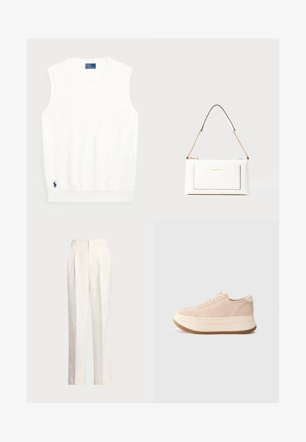 Pull sans manches blanc en coton lisse, avec un ourlet côtelé et un petit logo bleu marine en bas à gauche. Design simple, sans motifs.; Polo Ralph Lauren HEMP WIDE LEG PANT - Pantalon classique - nevis; Baskets en suédine rose avec un bout arrondi, un laçage à l'avant et une semelle plateforme. Présente des accents texturés et une languette de talon en crème contrastante.; Sac à main en cuir blanc avec un fini texturé, doté d'une bandoulière en chaîne dorée et d'accents noirs. Comprend une poche avant et une fermeture éclair.