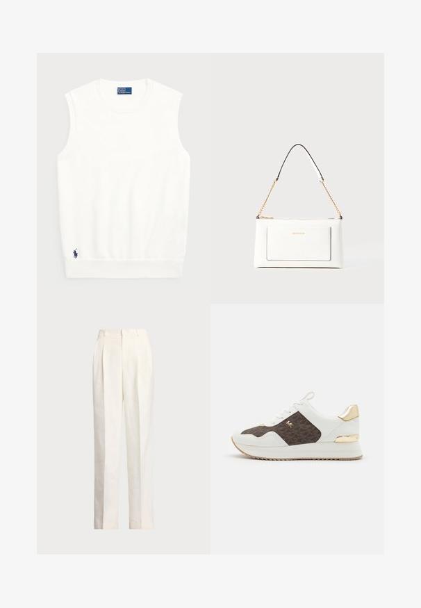 Witte mouwloze sweater van glad katoen, met een geribde onderrand en een klein marineblauwe logo op de linkeronderzijde. Eenvoudig ontwerp, geen patronen.; Polo Ralph Lauren HEMP WIDE LEG PANT - Broek - nevis; Witte sneakers met bruine patroonstofpanelen, gouden hardwareaccenten, ronde neus, vetersluiting en gestructureerde rubberen zool.; Witte leren handtas met een textuurafwerking, voorzien van een gouden schouderhengsel en zwarte accenten. Inclusief een voorvak en ritssluiting.