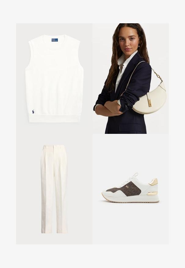 Bijela bezrukavna majica izrađena od glatkog pamuka, s rebrastim donjim rubom i malim mornarsko plavim logotipom na donjoj lijevoj strani. Jednostavan dizajn, bez uzoraka.; Polo Ralph Lauren HEMP WIDE LEG PANT - Hlače - nevis; Bijele tenisice s smešnim pamučnim panelom, zlatnim detaljima, okruglim prstima, dizajnom sa vezanjem i teksturiranim gumennim đonom.; Bijela kožna torba sa zakrivljenim oblikom, zlatnim detaljima i teksturiranom površinom, nošena preko tamnog sakoa i bijele košulje.